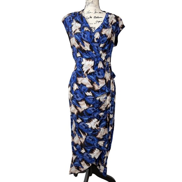 White House Black Market Dresses & Skirts - White House Black Market Draped Midi Wrap Dress Blue & Beige Womens Size 4